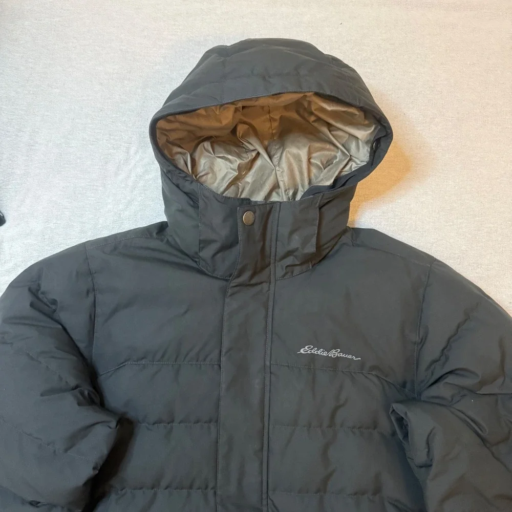 Eddie Bauer Puffer Parka Men XL Black Hooded Down Insulated Winter Jacket heavy